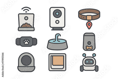 Pet Tech Icon Grid. Flat icon set of pet tech: smart feeder, pet camera, GPS collar, activity tracker, water