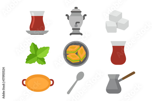 Middle Eastern Tea Icons. Flat icon set of Middle Eastern tea culture: Turkish tea glass, samovar, sugar cubes