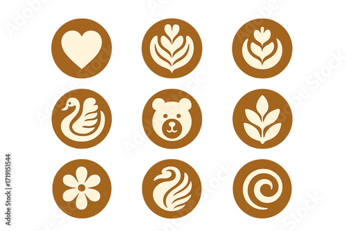 Latte Art Icons. Flat icon set of latte art designs: heart pattern, rosette, tulip, swan, bear face, leaf,