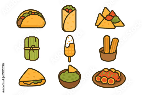 Mexican Street Food Icons. Flat icon set of Mexican street food: tacos, burritos, nachos, tamales, elote corn,