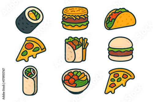 Fusion Food Icons. Flat icon set of fusion street eats: sushi burrito, ramen burger, kimchi taco, curry pizza
