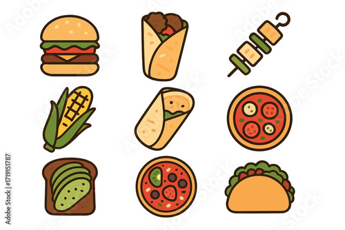 Vegan Street Food Icons. Flat icon set of vegan street food: veggie burger, falafel wrap, tofu skewer, grilled