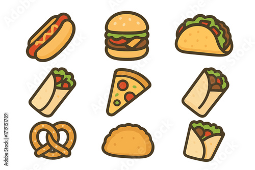 Handheld Street Food Icons. Flat icon set of handheld street food: hot dog, burger, taco, kebab wrap, pizza