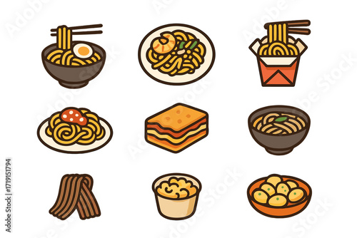 Noodle Icon Set. Flat icon set of noodles & pasta: ramen bowl, pad thai plate, lo mein box, spaghetti plate,