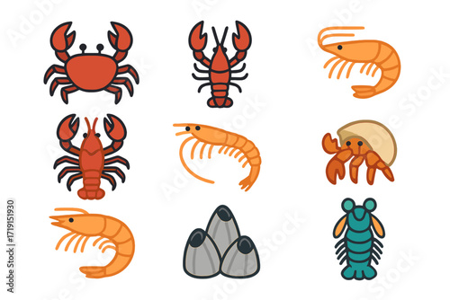 Crustacean Icon Grid. Flat icon set of crustaceans: crab, lobster, shrimp, crayfish, krill, hermit crab, prawn