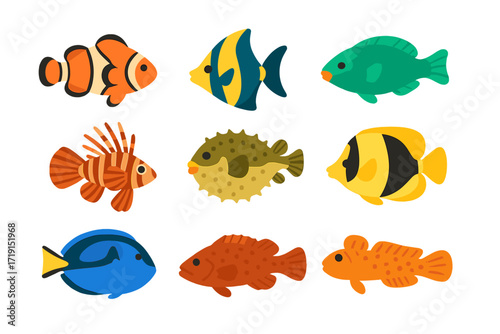 Tropical Fish Icons. Flat icon set of tropical fish: clownfish, angelfish, parrotfish, lionfish, pufferfish,
