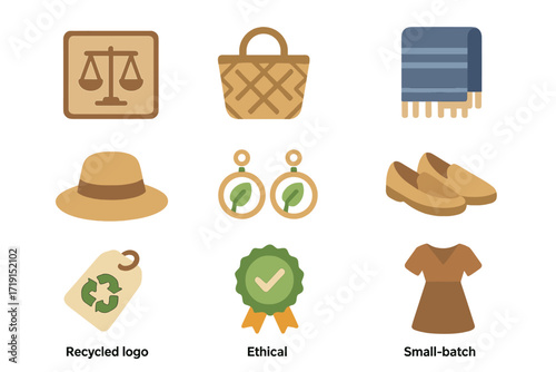 Ethical Fashion Icons. Flat icon set of ethical fashion: fair trade label, artisan bag, handwoven scarf, local