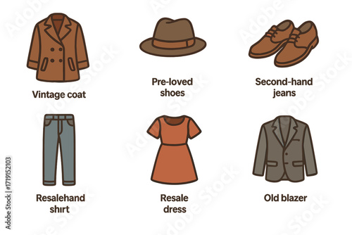 Thrift Fashion Icons. Flat icon set of thrift fashion: vintage coat, retro hat, pre-loved shoes, second-hand