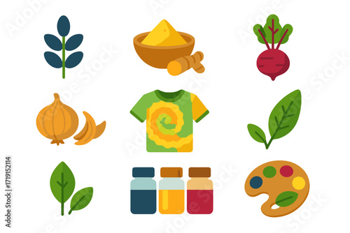 Eco Dyeing Icons. Flat icon set of eco dyeing: natural indigo, turmeric dye, beetroot dye, onion peel dye, tie