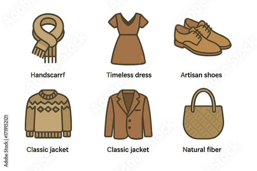 Slow Fashion Icons. Flat icon set of slow fashion: handmade scarf, timeless dress, artisan shoes, wool sweater