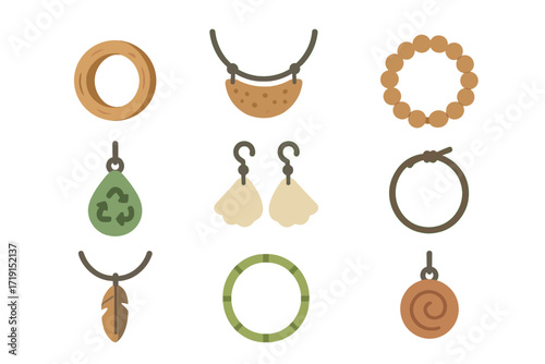 Eco Jewelry Icons. Flat icon set of eco jewelry: wooden ring, cork necklace, beaded bracelet, recycled glass