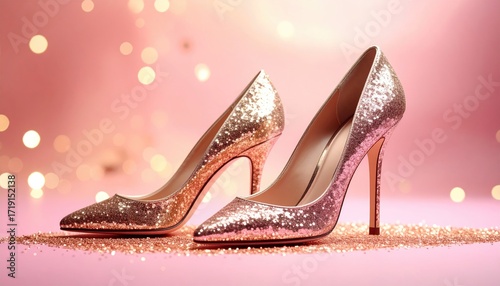 Shimmering gold heels on pink, glitter sprinkling, bokeh circles adding a dreamy, celebratory feel. Feminine, stylish, festive presentation