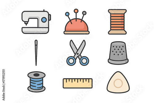 Sewing Essentials Icons. Flat icon set of sewing essentials: sewing machine, pin cushion, thread spool, needle
