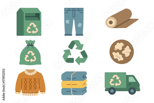 Textile Recycling Icons. Flat icon set of textile recycling: clothing bin, old jeans, fabric roll, sorting bag
