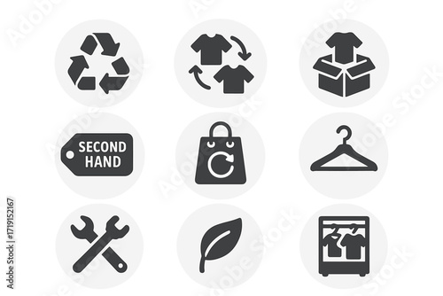 Circular Fashion Icons. Flat icon set of circular fashion: recycling arrows, clothing swap, donation box,