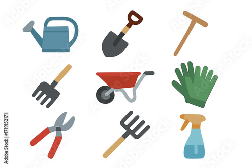 Gardening Tools Icons. Flat icon set of gardening tools: watering can, shovel, rake, hoe, wheelbarrow, gloves,