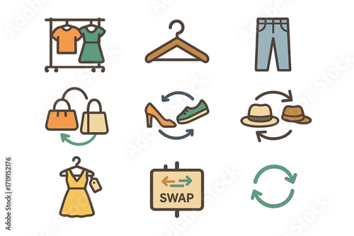 Fashion Swap Icons. Flat icon set of fashion swaps: clothing rack, hanger, jeans, bag swap, shoe exchange, hat