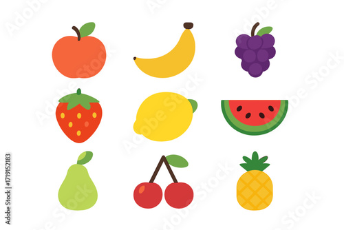 Fruit Icons Grid. Flat icon set of fruit gardening: apple, banana, grape, strawberry, lemon, watermelon, pear,