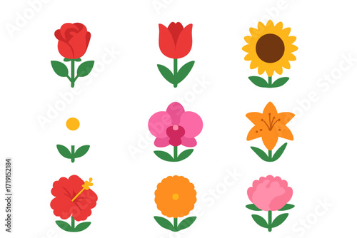 Flower Icon Grid. Flat icon set of flower gardening: rose, tulip, sunflower, daisy, orchid, lily, hibiscus,
