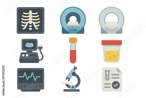 Medical Diagnostics Icons. Flat icon set of diagnostics: X-ray, MRI scanner, CT scanner, ultrasound machine,
