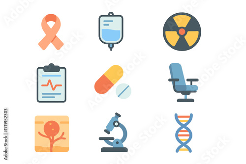 Oncology Icon Set. Flat icon set of oncology: awareness ribbon, IV chemotherapy bag, radiation symbol, medical