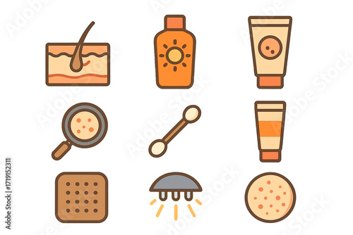 Dermatology Icon Set. Flat icon set of dermatology: skin diagram, sunscreen bottle, acne cream, magnifying