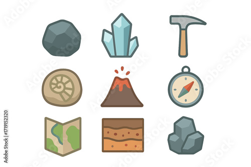 Geology Icon Set. Flat icon set of geology: rock, crystal, hammer, fossil, volcano, compass, map, soil layers,