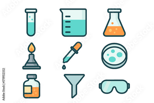 Chemistry Lab Icons. Flat icon set of chemistry lab: test tube, beaker, Erlenmeyer flask, Bunsen burner,