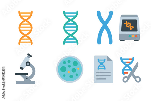 Genetics Icon Set. Flat icon set of genetics: DNA strand, double helix, chromosome, microscope, petri dish,