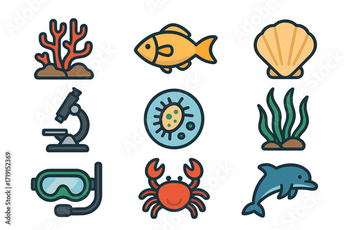 Marine Biology Icons. Flat icon set of marine biology: coral reef, fish, seashell, microscope, plankton,