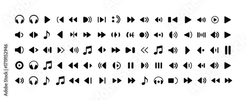 Collection of Black and White Music and Media Player Icons on White Background