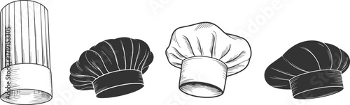 Hand drawn chef hats vector illustration, traditional culinary hats sketch, vintage cooking cap icons, kitchen profession symbols, black and white
