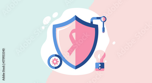 Breast Cancer Awareness Concept with Pink Ribbon Shield. Vector Illustrations. EPS Editable