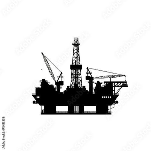 Black silhouette of an offshore oil rig drilling platform. Vector Illustrations. EPS Editable