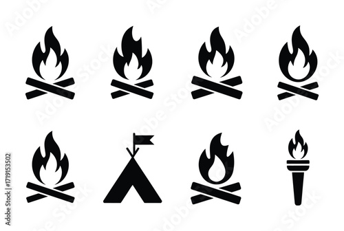 Collection of Black Icons: Campfires, Tent, and Torch on White Background