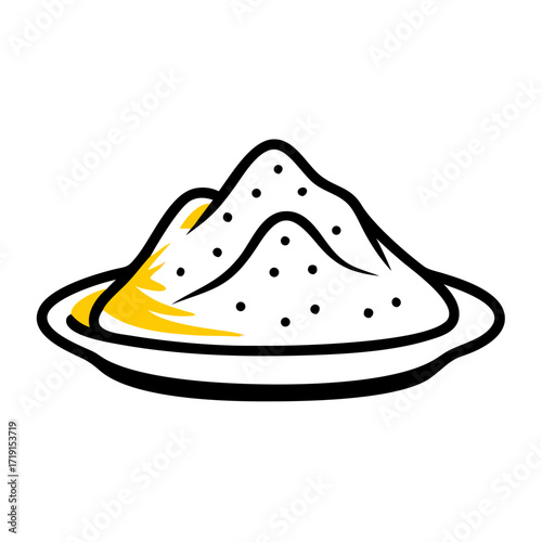 A stylized illustration of a mound of white powder on a plate with black dots and yellow highlights