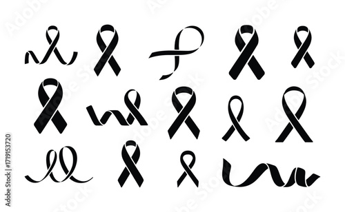 Collection of Black Ribbon Icons Symbolizing Support and Awareness