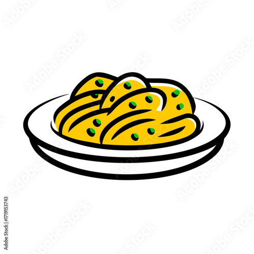 A plate of yellow pasta with green peas served on a white plate with thick black outlines illustration