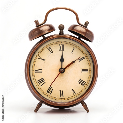 Vintage bronze analog alarm clock with Roman numerals and twin bells on white background