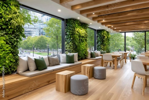 Modern restaurant interior featuring biophilic design and green living walls