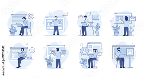 Collection of flat vector illustrations for business planning and organization. Vector Illustrations. EPS Editable