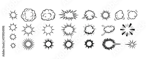 Collection of Hand-Drawn Comic Book Style Explosion and Speech Bubble Graphics
