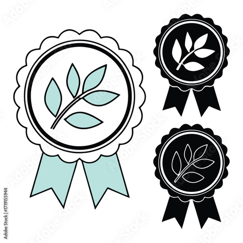 Award seal icon set with leaf emblem recognition excellence quality achievement certificate ribbon 