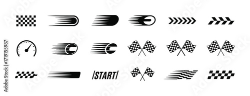 Racing Icons: Checkered Flags, Speed Lines, and Start Signal Graphics