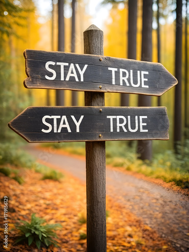 vintage and rustic wooden signpost with the weathered text quote stay true, outdoors in nature. blurred out forest fall colors in the background.