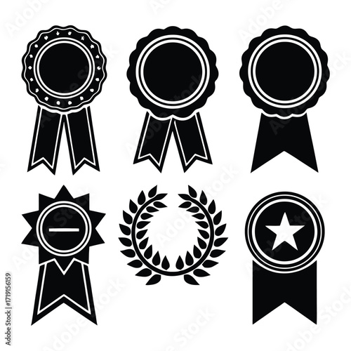 Collection of award seals ribbons and laurels flat icons for recognition and achievement award 