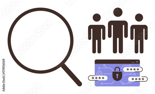 Magnifying glass, three people icons, browser interface with lock, password fields. Ideal for security, authentication, privacy, teamwork access control user management digital protection. Simple