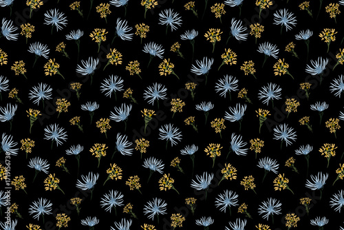 Seamless vector pattern with hand drawn wildflowers in soft blue and golden yellow tones on a black background. Template for elegant textiles, dark-themed packaging, or botanical design