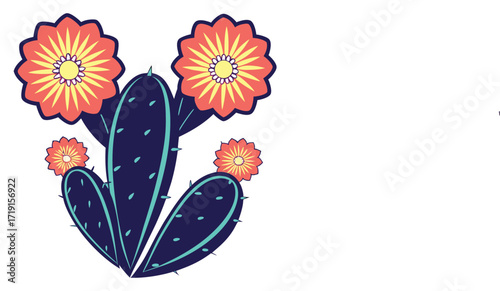Blooming Cactus with Red and Yellow Flowers Illustration