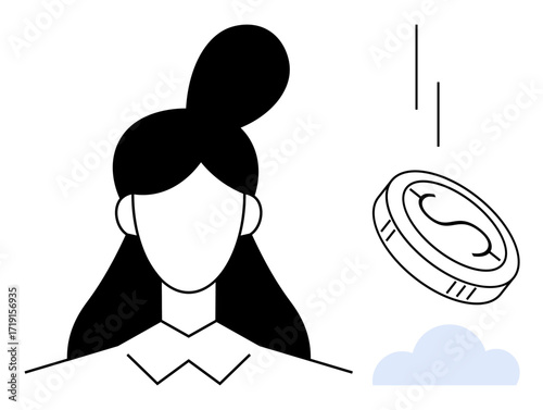 Female silhouette alongside a falling coin and cloud. Ideal for finance, wealth, investment, decision-making, opportunity, minimalism, and abstract flat metaphor